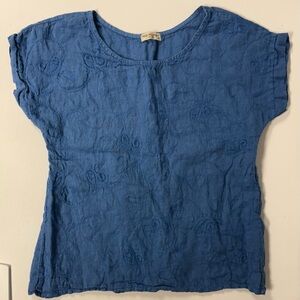 Terzo Millennio Linen Embroidered Floral Blue Top Coastal Lagenlook Minimalist M